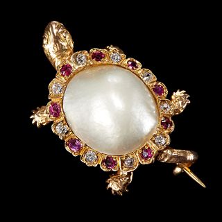 ANTIQUE PEARL, DIAMOND AND RUBY TURTLE BROOCH