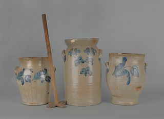 Three blue decorated stoneware crocks, 19th c., ta