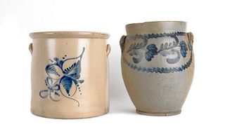 Two blue decorated stoneware crocks, 19th c., 14 1