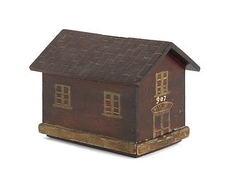 Painted mahogany house form bank, late 19th c., 5"
