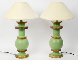 PAIR OF ITALIAN PAINTED AND PART GILT LAMPS