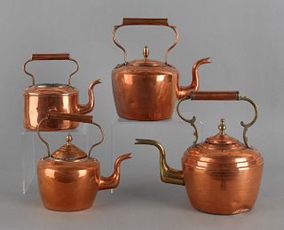Four copper and brass kettles, 19th/early 20th c.,