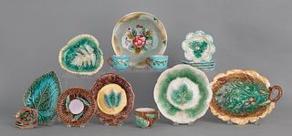 Collection of majolica to include leaf dishes, cup