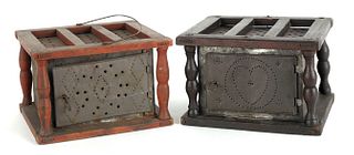 Two punched tin foot warmers, 19th c., 5 3/4" h.,"
