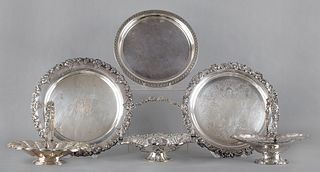 Three silver plated platters, largest - 16" dia.,o