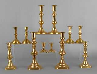 Six pair of brass candlesticks, 19th/20th c., tall