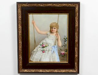KPM PORCELAIN PLAQUE OF A GIRL ON A SWING