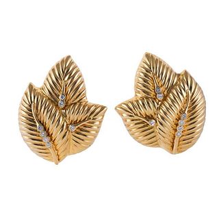 Italian Large 18k Gold Diamond Leaf Earrings
