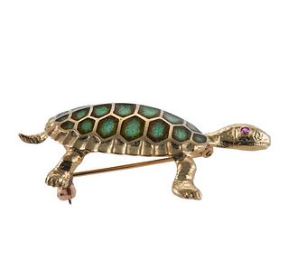 14k Gold Enamel Ruby Turtle Brooch Pin