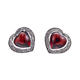14k Gold Diamond Garnet Heart Stud Earrings