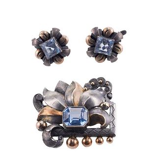 18k Gold Silver Blue Spinel Brooch Earrings Set