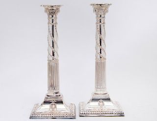 PAIR OF NEO-CLASSICAL STYLE SILVER PLATE CANDLESTICKS