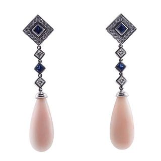 18k Gold Coral Diamond Sapphire Drop Earrings