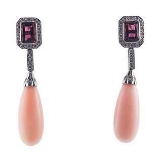 18k Gold Rubellite Coral Diamond Drop Earrings
