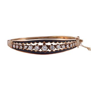 Antique 14k Gold Enamel Diamond Bangle Bracelet