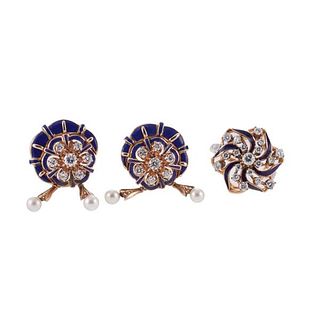 14k Gold Diamond Enamel Pearl Earrings Ring Set