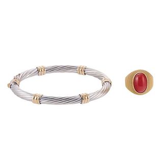 18k Gold Coral Ring &amp; Silver 14k Gold Cable Bracelet Lot