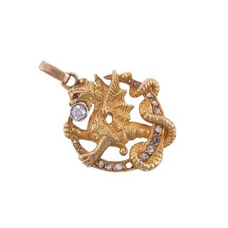 Antique 18k Gold Diamond Ruby Dragon Pendant 