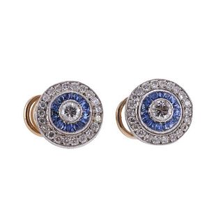18k Gold Platinum Diamond Sapphire Earrings