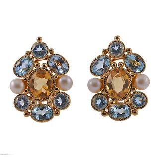 18k Gold Topaz Citrine Pearl Earrings