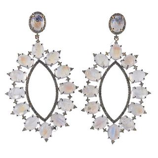 14k Gold Silver Diamond Moonstone Cabochon Drop Earrings