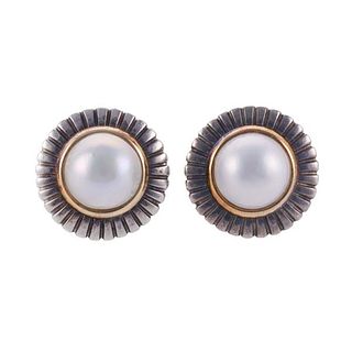 Italian 18k Gold Silver Mabe Pearl Earrings