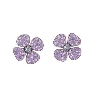 18k Gold Diamond Pink Sapphire Flower Stud Earrings