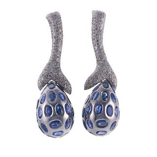 Silver Gold Diamond Sapphire Large Drop Earrings