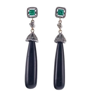 Silver Gold Onyx Emerald Diamond Drop Earrings