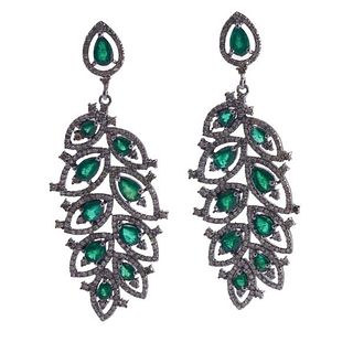 Silver 14k Gold Emerald Diamond Leaf Motif Drop Earrings