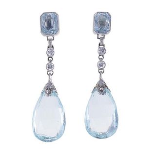 Art Deco Platinum Diamond Aquamarine Drop Earrings