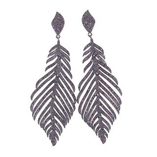 Silver Gold Sapphire Feather Motif Large Earrings