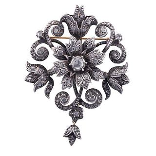 Antique 18k Gold Silver Rose Cut Diamond Floral Brooch Pin