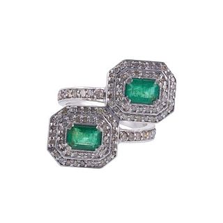 Sterling Silver Diamond Emerald Bypass Ring