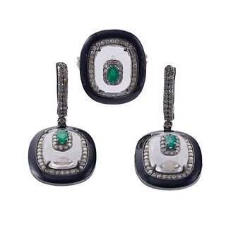 Silver Gold Diamond Crystal Emerald Ring Earrings Set
