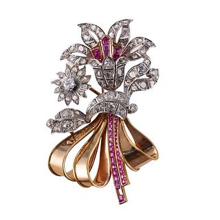 Retro 18k Gold Platinum Diamond Ruby Flower Brooch Pin