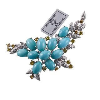 18k Gold Fancy White Diamond Turquoise Brooch Pin