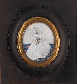Miniature watercolor oval portrait, 19th c., of aa