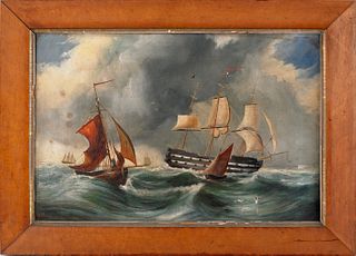 Oil on canvas ship painting, 19th c., depicting aa