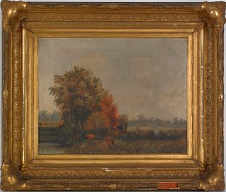 Oil on canvas bucolic landscape, 19th c., 15" x 19