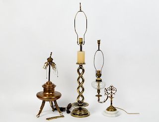 THREE VARIED BRASS LAMPS