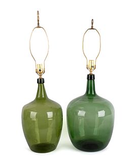 Two green glass demijohns, 19th c., converted to e