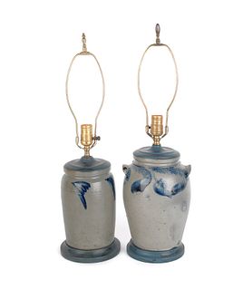 Two blue decorated stoneware crocks, 19th c., conv