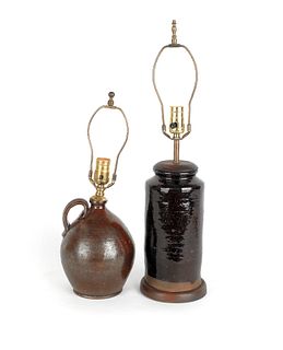 Redware ovoid jug, converted to an electric lamp,"