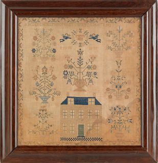 Silk on linen sampler, dated 1835, with a brick ma