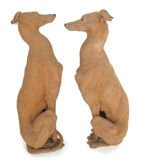 Pair of flocked composition whippets, 20th c., 27"