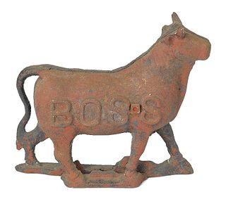 Cast iron bull mill weight, 19th c., embossed Boss