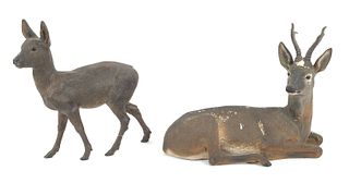 Pair of European terra cotta deer, 19th c., to inc