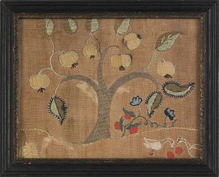 Two crewelwork panels, mid 18th c., 9" x 11" and 8