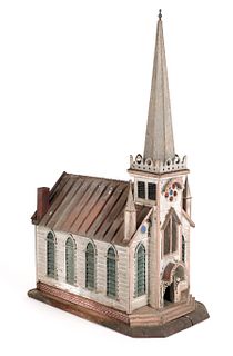 Detailed tin model of a church, with stained glass